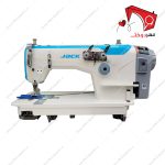 چرخ خیاطی دو سوزن دو قلاب غلتک دار جک (سرووموتور) ، با قابلیتِ دوخت ساده­‌دوزی به­‌صورت دو ردیفه از روی کار و دوردیف دوخت زنجیره در قسمت زیر پارچه.