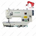 چرخ خیاطی راسته دوز دو سوزن دو ماکو صنعتی موتور سر خود زوجی، دوخت ساده­‌د‌وزی به­‌صورت دو ردیفه از رو و دوردیف ساده­‌دوزی در قسمت زیر پارچه.